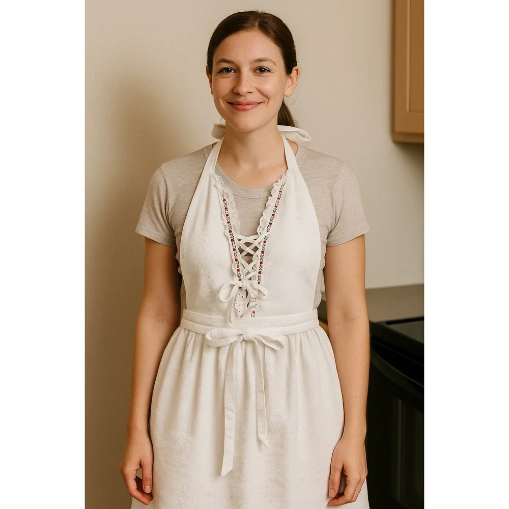 White Cottagecore Apron Halter Top Lace Up Trim Floral Embroidery Kitchen Maid